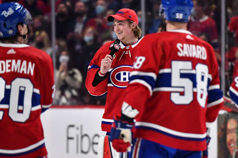 MONTREAL, QC – APRIL 29: Goaltender Sam Montembeault #35 of the Montreal Canadiens addresses the spectators after their last game of the regular season against the Florida Panthers at Centre Bell on April 29, 2022 in Montreal, Canada. The Montreal Canadiens defeated the Florida Panthers 10-2. (Photo by Minas Panagiotakis/Getty Images)