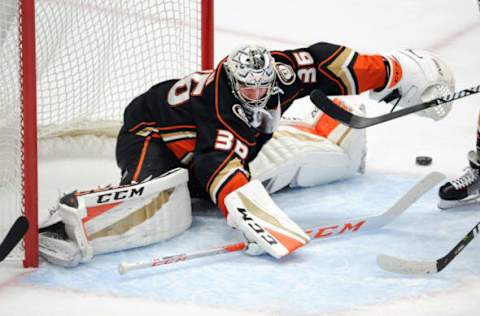 ANAHEIM, CA – MARCH 04: Anaheim Ducks goalie John Gibson (36) deflects a shot during the first period of a game against the Chicago Blackhawks played on March 4, 2018. (Photo by John Cordes/Icon Sportswire via Getty Images)