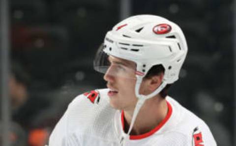 PHILADELPHIA, PA – NOVEMBER 05: Haydn Fleury #4 of the Carolina Hurricanes warms up against the Philadelphia Flyers on November 5, 2019 at the Wells Fargo Center in Philadelphia, Pennsylvania. (Photo by Len Redkoles/NHLI via Getty Images)