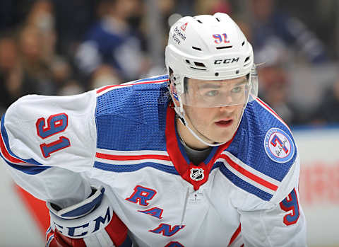 TORONTO, ON – OCTOBER 18: Sammy Blais #91 of the New York Rangers waits for a faceoff against the Toronto Maple Leafs during an NHL game at Scotiabank Arena on October 18, 2021, in Toronto, Ontario, Canada. The Rangers defeated the Maple Leafs 2-1 in overtime. (Photo by Claus Andersen/Getty Images)