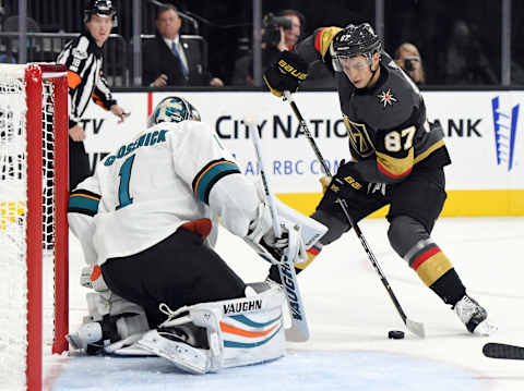 Vadim Shipachyov of the Vegas Golden Knights shoots against Troy Grosenick of the San Jose Sharks in the second period of their preseason game at T-Mobile Arena on October 1, 2017.