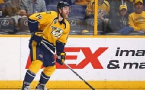 May 9, 2016; Nashville, TN, USA; Nashville Predators defenseman Mattias Ekholm (14) against the San Jose Sharks in game six of the second round of the 2016 Stanley Cup Playoffs at Bridgestone Arena. The Predators won 4-3. Mandatory Credit: Aaron Doster-USA TODAY Sports