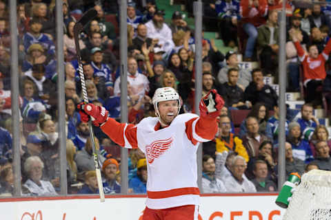 VANCOUVER, BC – JANUARY 20: Detroit Red Wings Left Wing Thomas Vanek (26) celebrates after scoring a goal during their NHL game against the Vancouver Canucks at Rogers Arena on January 20, 2019 in Vancouver, British Columbia, Canada. Vancouver won 3-2. (Photo by Derek Cain/Icon Sportswire via Getty Images)