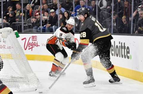 LAS VEGAS, NV – DECEMBER 5: James Neal #18 of the Vegas Golden Knights handles the puck with Kevin Bieksa #3 of the Anaheim Ducks defending during the game at T-Mobile Arena on December 5, 2017, in Las Vegas, Nevada. (Photo by Jeff Bottari/NHLI via Getty Images)