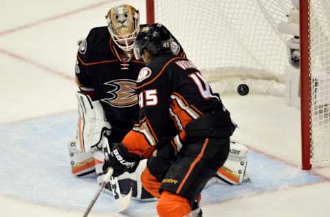 May 20, 2017; Anaheim, CA, USA; Anaheim Ducks goalie Jonathan Bernier (1) allows a goal scored by Nashville Predators center Colin Wilson (33) during the second period in game five of the Western Conference Final of the 2017 Stanley Cup Playoffs at Honda Center. Mandatory Credit: Gary A. Vasquez-USA TODAY Sports