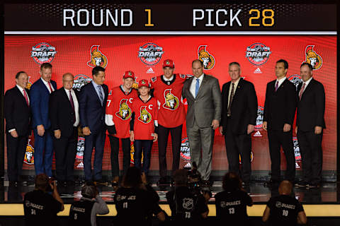 CHICAGO, IL – JUNE 23: The Ottawa Senators select center Shane Bowers with the 28th pick in the first round of the 2017 NHL Draft on June 23, 2017, at the United Center in Chicago, IL. (Photo by Daniel Bartel/Icon Sportswire via Getty Images)