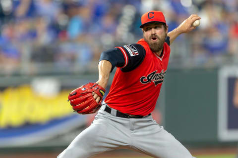 KANSAS CITY, MO – AUGUST 24: Cleveland Indians relief pitcher Andrew Miller (24) during the MLB game against the Kansas City Royals on August 24, 2018 at Kauffman Stadium in Kansas City, Missouri. (Photo by William Purnell/Icon Sportswire via Getty Images)