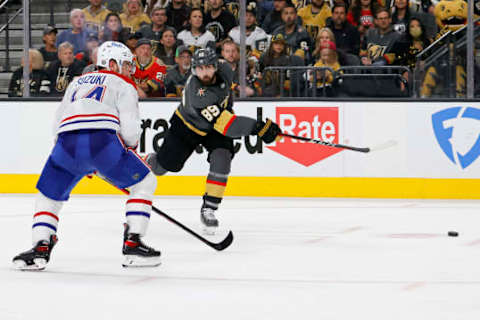 Alex Tuch takes the shot against the Montreal Canadiens. (Photo by Ethan Miller/Getty Images)