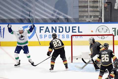 Tyler Toffoli #73 of the Vancouver Canucks celebrates a goal against the Vegas Golden Knights during the third period in Game Two of the Western Conference Second Round. (Photo by Bruce Bennett/Getty Images)