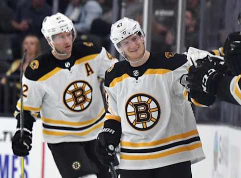 LAS VEGAS, NEVADA – OCTOBER 08: Torey Krug #47 of the Boston Bruins celebrates with teammates on the bench after scoring a second-period goal against the Vegas Golden Knights during their game at T-Mobile Arena on October 8, 2019 in Las Vegas, Nevada. (Photo by Ethan Miller/Getty Images)