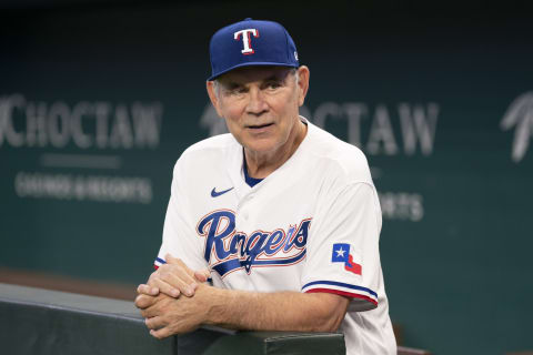 Oct 24, 2022; Arlington, TX, USA; Texas Rangers manager Bruce Bochy poses for a photo following a news conference at Globe Life Field. Mandatory Credit: Jim Cowsert-USA TODAY Sports