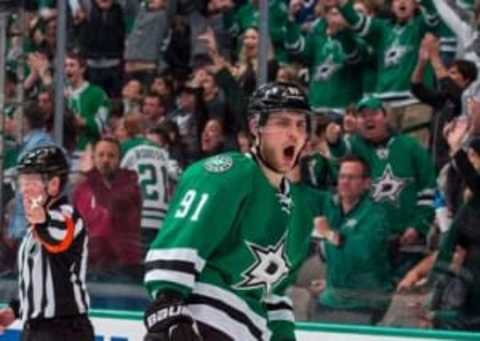 Mar 11, 2016; Dallas, TX, USA; Dallas Stars center Tyler Seguin (91) celebrates a goal against the Chicago Blackhawks at the American Airlines Center. The Stars defeat the Blackhawks 5-2. Mandatory Credit: Jerome Miron-USA TODAY Sports