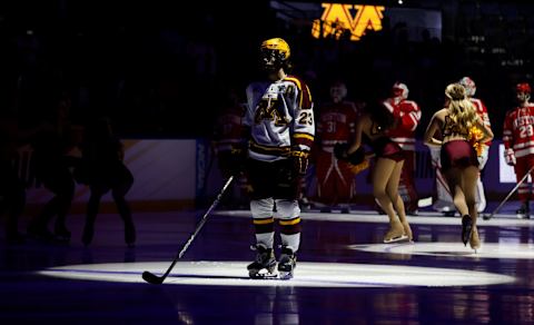 TAMPA, FL – APRIL 6: Ryan Johnson #23 of the Minnesota Golden Gophers stands on the blue line before a game against the Boston University Terriers during game one of the 2023 NCAA Division I Men’s Hockey Frozen Four Championship Semifinal at the Amaile Arena on April 6, 2023 in Tampa, Florida. (Photo by Richard T Gagnon/Getty Images)