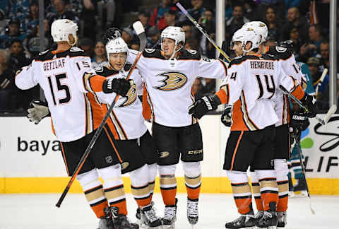 SAN JOSE, CA – APRIL 16: Rickard Rakell #67 of the Anaheim Ducks celebrates with teammates Ryan Getzlaf #15, Adam Henrique #14, Corey Perry #10 and Brandon Montour #26 after Rakell scored a goal against the San Jose Sharks during the first period in Game Three of the Western Conference First Round during the 2018 NHL Stanley Cup Playoffs at SAP Center on April 16, 2018, in San Jose, California. (Photo by Thearon W. Henderson/Getty Images)