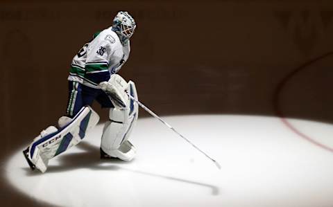 Nov 24, 2021; Pittsburgh, Pennsylvania, USA; Vancouver Canucks goaltender Thatcher Demko (35) takes the ice to warm up before the game against the Pittsburgh Penguins at PPG Paints Arena. Mandatory Credit: Charles LeClaire-USA TODAY Sports