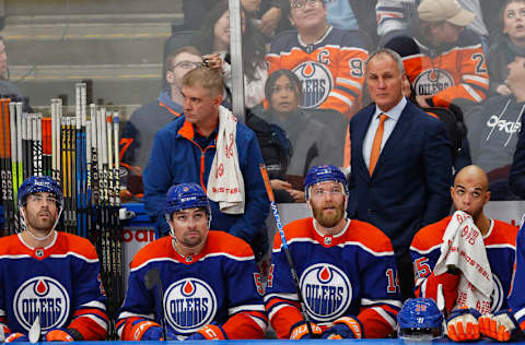 Nov 13, 2023; Edmonton, Alberta, CAN; Edmonton Oilers Assistant Coach Paul Coffey looks on from the bench against the New York Islanders at Rogers Place. Mandatory Credit: Perry Nelson-USA TODAY Sports