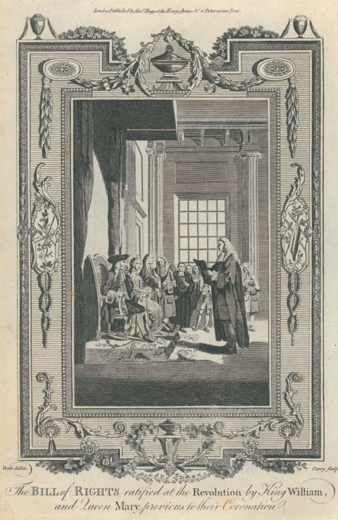 An engraving showing the English Bill of Rights being presented to William and Mary (William III of England and Mary II of England), 1689.