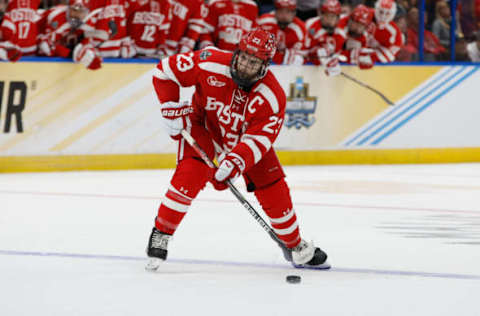 TAMPA, FL – APRIL 6: Domenick Fensore #23 of the Boston University Terriers skates against the Minnesota Golden Gophers during the first period during game one of the 2023 NCAA Division I Men’s Hockey Frozen Four Championship Semifinal at the Amaile Arena on April 6, 2023 in Tampa, Florida. The Golden Gophers won 6-2. (Photo by Richard T Gagnon/Getty Images)