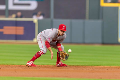 HOUSTON, TX – SEPTEMBER 02: Los Angeles Angels shortstop David Fletccher (6) fields the ball for the out on Houston Astros left fielder Marwin Gonzalez (9) in the second inning of a baseball game between the Houston Astros and the Los Angeles Angels on September 02, 2018, at Minute Maid Park in Houston, TX.. (Photo by Juan DeLeon/Icon Sportswire via Getty Images)