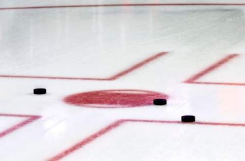 PHILADELPHIA, PA – NOVEMBER 28: Hockey pucks wait for practice to begin on the ice during the NHL game between the San Jose Sharks and the Philadelphia Flyers on November 28, 2017 at the Wells Fargo Center in Philadelphia PA. (Photo by Gavin Baker/Icon Sportswire via Getty Images)