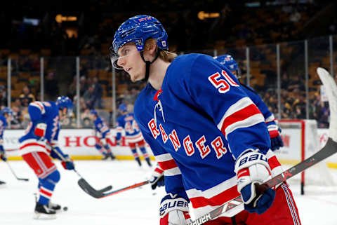 BOSTON, MA – MARCH 27: New York Rangers center Lias Andersson (50) skates before a game between the Boston Bruins and the New York Rangers on March 27, 2019, at TD Garden in Boston, Massachusetts. (Photo by Fred Kfoury III/Icon Sportswire via Getty Images)