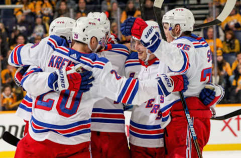 NASHVILLE, TN – DECEMBER 29: The New York Rangers celebrate a 4-3 win against the Nashville Predators at Bridgestone Arena on December 29, 2018 in Nashville, Tennessee. (Photo by John Russell/NHLI via Getty Images)