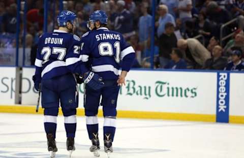 Jun 13, 2015; Tampa, FL, USA; Tampa Bay Lightning center Steven Stamkos (91) and left wing Jonathan Drouin (27) talk during the second period at game five of the 2015 Stanley Cup Final at Amalie Arena. Mandatory Credit: Kim Klement-USA TODAY Sports