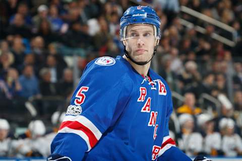 NEW YORK, NY – JANUARY 03: Dan Girardi #5 of the New York Rangers looks on during a break in the action against the Buffalo Sabres at Madison Square Garden on January 3, 2017 in New York City. The Buffalo Sabres won 4-1. (Photo by Scott Levy/NHLI via Getty Images)