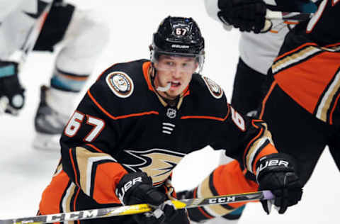 ANAHEIM, CA – April 14: Anaheim Ducks center Rickard Rakell (67) in action during the third period of a Stanley Cup playoffs first-round game 2 played against the San Jose Sharks on April 14, 2018, at the Honda Center in Anaheim, CA. (Photo by John Cordes/Icon Sportswire via Getty Images)