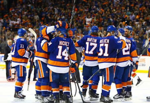 NHL Team Name Origins: The New York Islanders celebrate after defeating the Florida Panthers in game six of the first round of the 2016 Stanley Cup Playoffs at Barclays Center. The Islanders defeated the Panthers 2-1 to win the series four games to two. Mandatory Credit: Andy Marlin-USA TODAY Sports