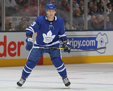 TORONTO, ON – FEBRUARY 23: Travis Dermott #23 of the Toronto Maple Leafs  (Photo by Claus Andersen/Getty Images)