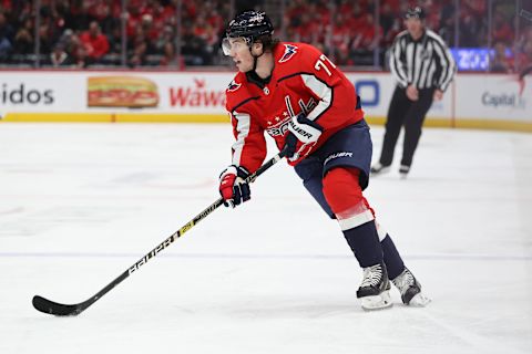 WASHINGTON, DC – JANUARY 07: T.J. Oshie #77 of the Washington Capitals skates with the puck against the Ottawa Senators during the second period at Capital One Arena on January 07, 2020 in Washington, DC. (Photo by Patrick Smith/Getty Images)