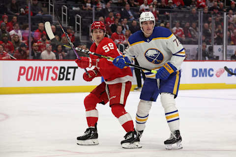 DETROIT, MICHIGAN – NOVEMBER 30: Tage Thompson #72 of the Buffalo Sabres skates against the Detroit Red Wings at Little Caesars Arena on November 30, 2022 in Detroit, Michigan. (Photo by Gregory Shamus/Getty Images)