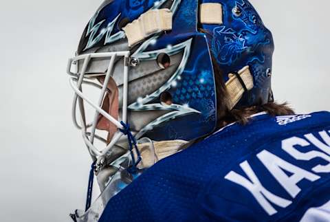 TORONTO, ON – JANUARY 5: Kasimir Kaskisuo #50 of the Toronto Maple Leafs looks on against the Vancouver Canucks during the first period at the Scotiabank Arena on January 5, 2019 in Toronto, Ontario, Canada. (Photo by Kevin Sousa/NHLI via Getty Images)