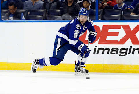 Feb 23, 2017; Tampa, FL, USA; Tampa Bay Lightning center Tyler Johnson (9) skates with the puck against the Calgary Flames during the second period at Amalie Arena. Mandatory Credit: Kim Klement-USA TODAY Sports