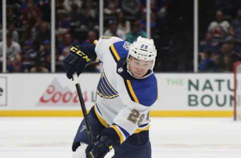 UNIONDALE, NEW YORK – OCTOBER 14: Mackenzie MacEachern #28 of the St. Louis Blues skates against the New York Islanders at NYCB Live’s Nassau Coliseum on October 14, 2019, in Uniondale, New York. The Islanders defeated the Blues 3-2 in overtime. (Photo by Bruce Bennett/Getty Images)