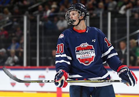 ST. PAUL, MN – SEPTEMBER 19: Team Leopold forward Ryder Donovan (10) looks on during the USA Hockey All-American Prospects Game between Team Leopold and Team Langenbrunner on September 19, 2018 at Xcel Energy Center in St. Paul, MN. Team Leopold defeated Team Langenbrunner 6-4.(Photo by Nick Wosika/Icon Sportswire via Getty Images)