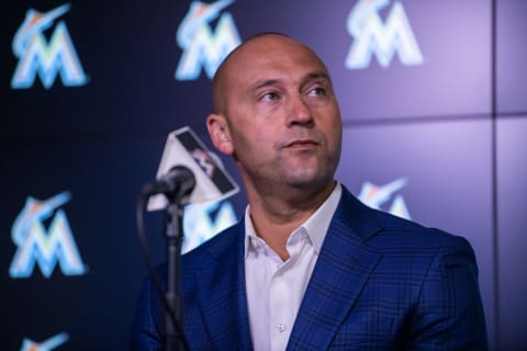 MIAMI, FL – OCTOBER 22: (L-R) Chief Executive Officer Derek Jetter of the Miami Marlins speaks with members of the media to announce the signing of the Mesa brothers at Marlins Park on October 22, 2018 in Miami, Florida. (Photo by Mark Brrown/Getty Images)