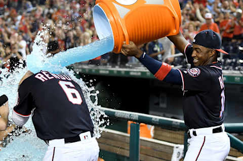 WASHINGTON, DC – AUGUST 30: Anthony Rendon #6 of the Washington Nationals is doused with gatorade by Victor Robles #16 after driving in the game-winning run in the ninth inning against the Miami Marlins at Nationals Park on August 30, 2019 in Washington, DC. (Photo by Greg Fiume/Getty Images)