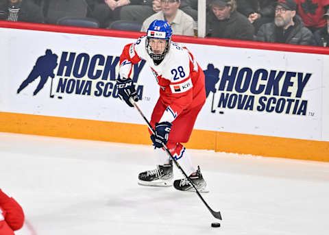 Eduard Sale #28 of Team Czech Republic in the quarterfinals of the 2023 IIHF World Junior Championship (Photo by Minas Panagiotakis/Getty Images)