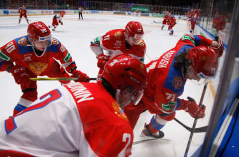 ST PETERSBURG, RUSSIA – 2022/05/05: Matvey Kabush (No.71), Nikita Guslistov (No.90) of Russia U20, Vladimir Grudinin (No.2), and Nikita Shalyshkin (No.17) of Russia seen in action during the Liga Stavok St. Petersburg Cup, hockey tournament match between Russia and Russia U20 at Jubilee Arena in Saint Petersburg.(Final score; Russia 4:2 Russia U20). (Photo by Maksim Konstantinov/SOPA Images/LightRocket via Getty Images)