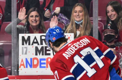 MONTREAL, QC – NOVEMBER 06: Spectators hold up a sign for Josh Anderson of the Montreal Canadiens during the warmups against the Vegas Golden Knights at Centre Bell on November 6, 2021 in Montreal, Canada.  (Photo by Minas Panagiotakis/Getty Images)