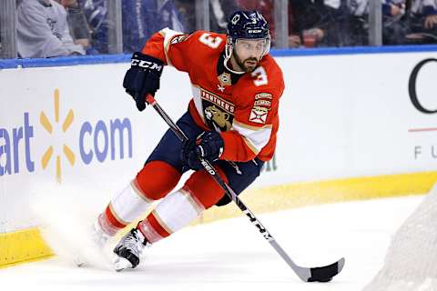 Keith Yandle #3 of the Florida Panthers skates with the puck against the Toronto Maple Leafs February 27, 2020 in Sunrise, Florida. (Photo by Michael Reaves/Getty Images)