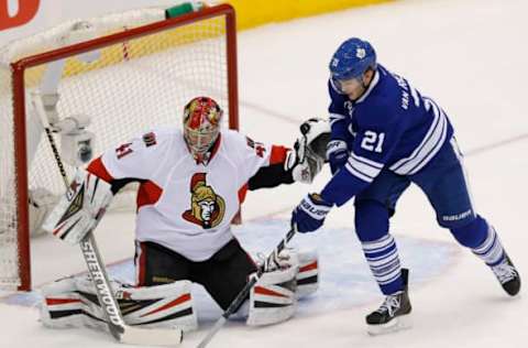 TORONTO: Leafs forward James van Riemsdyk can’t get the blade of his stick on a loose puck in front of netminder Craig Anderson. (Rick Madonik/Toronto Star via Getty Images)