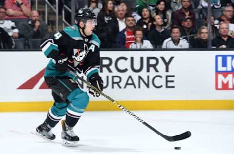 LOS ANGELES, CA – NOVEMBER 6: Cam Fowler #4 of the Anaheim Ducks skates with the puck during the third period of the game against the Los Angeles Kings at STAPLES Center on November 6, 2018, in Los Angeles, California. (Photo by Juan Ocampo/NHLI via Getty Images)