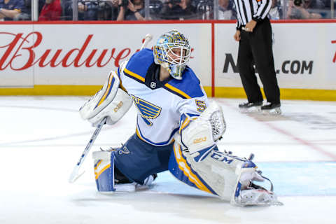 WINNIPEG, MB – APRIL 18: Goaltender Jordan Binnington #50 of the St. Louis Blues guards the net during third period action against the Winnipeg Jets in Game Five of the Western Conference First Round during the 2019 NHL Stanley Cup Playoffs at the Bell MTS Place on April 18, 2019 in Winnipeg, Manitoba, Canada. The Blues defeated the Jets 3-2 to lead the series 3-2. (Photo by Jonathan Kozub/NHLI via Getty Images)