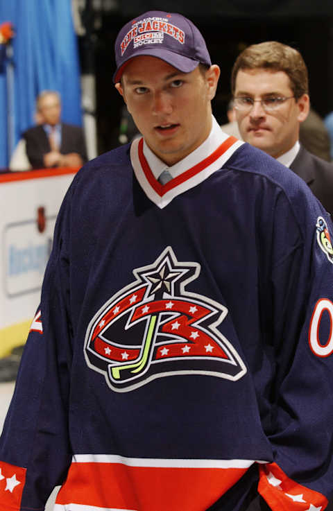 TORONTO, ONT – JUNE 22: The number one pick Rick Nash wears his new team jersey after being selected by the Columbus Blue Jackets during the first round NHL Draft on June 22, 2002 at the Air Canada Centre in Toronto, Ontario. (Photo by Dave Sandford/Getty Images/NHLI)