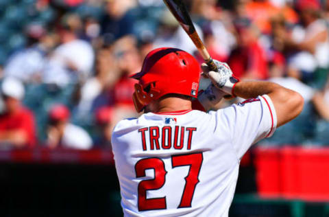 ANAHEIM, CA – JULY 22: Los Angeles Angels center fielder Mike Trout (27) at bat during a MLB game between the Houston Astros and the Los Angeles Angels of Anaheim on July 22, 2018 at Angel Stadium of Anaheim in Anaheim, CA. (Photo by Brian Rothmuller/Icon Sportswire via Getty Images)