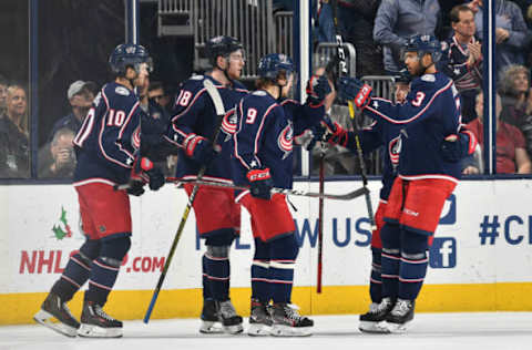 COLUMBUS, OH – DECEMBER 13: Artemi Panarin #9 of the Columbus Blue Jackets celebrates his second period goal with his teammates during a game against the Los Angeles Kings on December 13, 2018 at Nationwide Arena in Columbus, Ohio. (Photo by Jamie Sabau/NHLI via Getty Images)