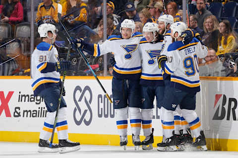 NASHVILLE, TN – FEBRUARY 10: The St. Louis Blues celebrate a goal against the Nashville Predators at Bridgestone Arena on February 10, 2019 in Nashville, Tennessee. (Photo by John Russell/NHLI via Getty Images)